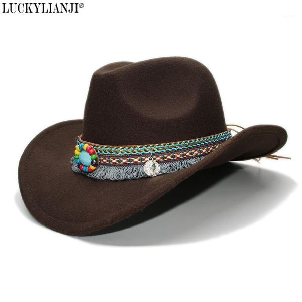 

luckylianji kid child children's retro vintage wool felt cowboy wide brim bowler hat tassel turquoise braid band (54cm)1, Blue;gray