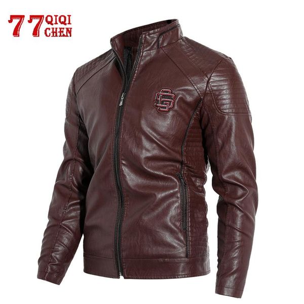 

leather jacket men winter fleece warm motorcycle windbreaker pu leather coat male zipper stand collar embroidery jackets, Black
