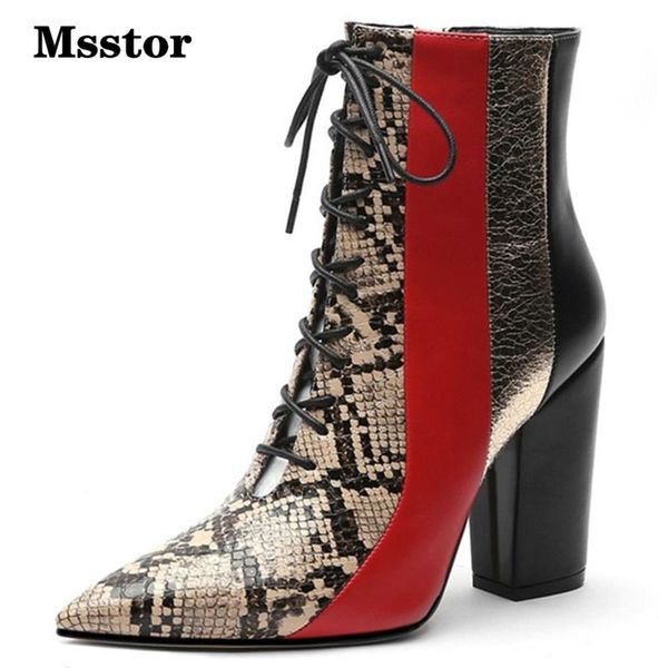 

msstor mixed colors lace up boots winter fashion casual zipper pointed toe women winter shoes thick heels high heel boots ankle, Black