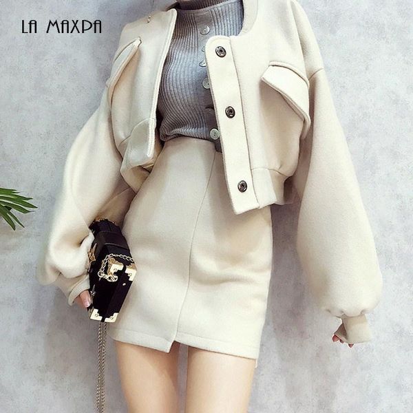 

fashion women's baseball batwing sleeve short jacket loose blazer jacket skirt two-piece set 2020 new fall women's set1, White