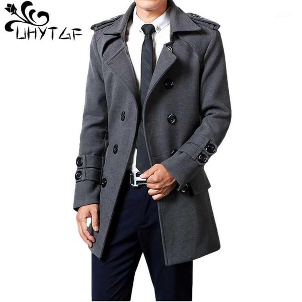 

uhytgf autumn winter solid trench coats men coat fashion double breasted windbreaker jacket with belt lapel overcoat parka 9061, Tan;black