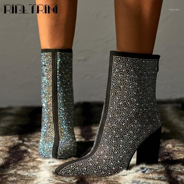 

boots ribetrini high heels shining ankle shoes ins fashion street party rhinestone women unique dress crystal boots1, Black