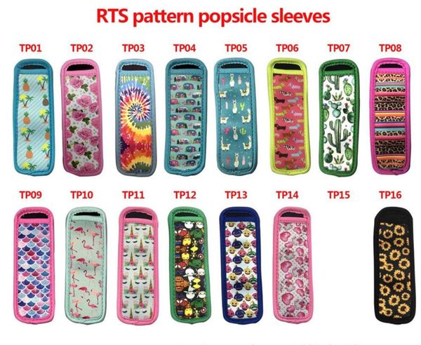 Neoprene Popsicle Holder Freezer Gelo Lolly Sleeve 14 estilos Impressão Designs Insulador Mangas Protetor de Sorvete Ferramentas Ferramentas Fornecimento Zy19