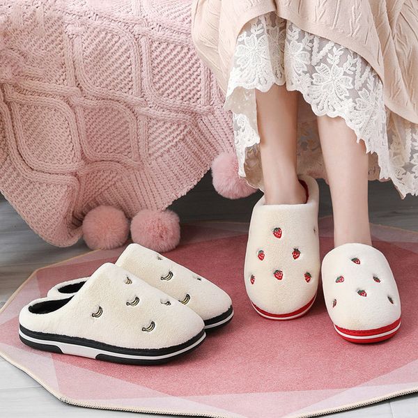

women indoor warm plush home slippers fashion fruit slipper non-slip soft lovers winter female shoes banana cherry ladies slides y0427, Black