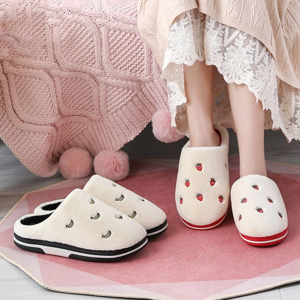 Pantofole da casa in peluche calde da donna Pantofole da frutta di moda antiscivolo Morbide amanti Scarpe invernali da donna Banana Cherry Scivoli da donna Y0427