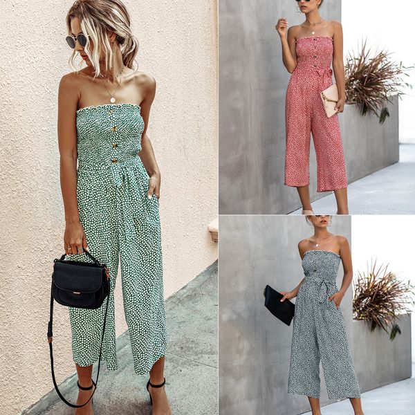 

popular summer fashion printed chest-wrapped button lace-up pocket womens jumpsuit 800177, Black;white