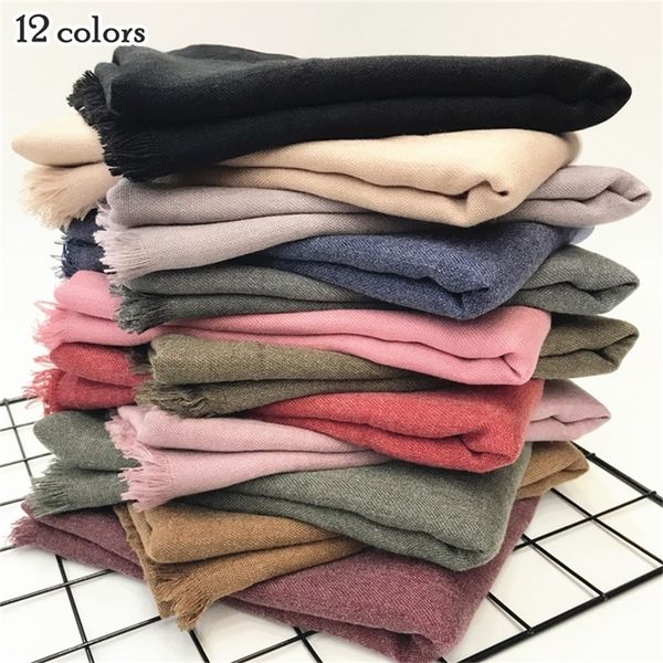 

1pc festival present warm plain scarves and shawl fringe winter scarf soft muslim print hijab solid pashmina wrap 12color y201007, Blue;gray