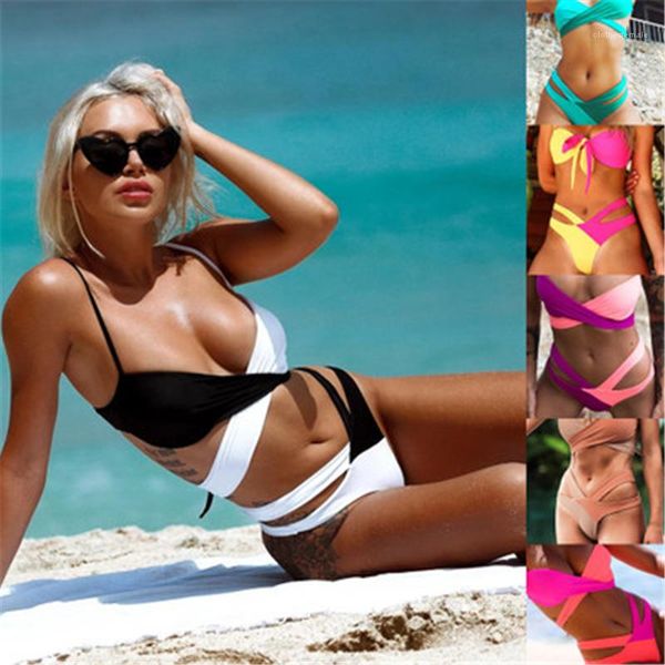 

swimsuit fashion trend color-blocked cross open back sling swimwear summer female beach swimming pool bikini women split, White;black