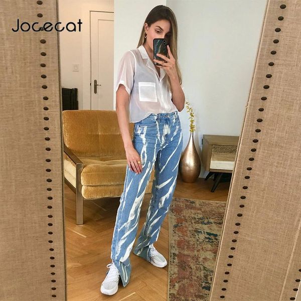 

jocecat graffiti striped straight jeans for women preppy style y2k streetwear joggers female spilt high waist denim pants 90s, Blue