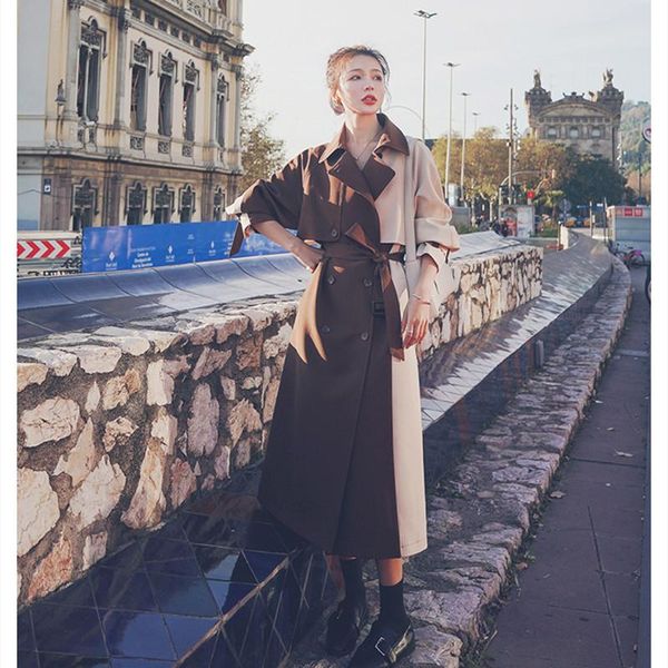 

luck a women spring autumn hit color spliced fashion long trench coat female brand high street brand coat elegant windbreaker, Tan;black