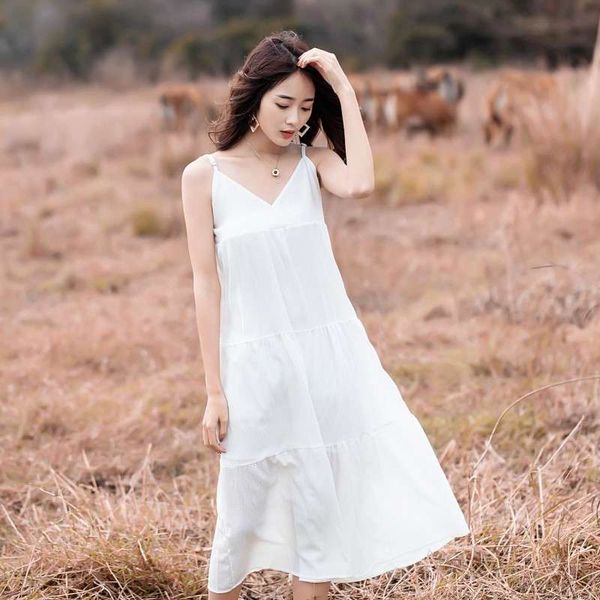 

nihut seaside holiday v-neck sling dress gentle wind summer waist thick belly covering thai beach skirt, Black;gray