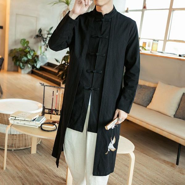 

mens spring autumn fake two piece long trench cotton linen solid jackets male traditional chinese clothing tang suits cn-1141, Red