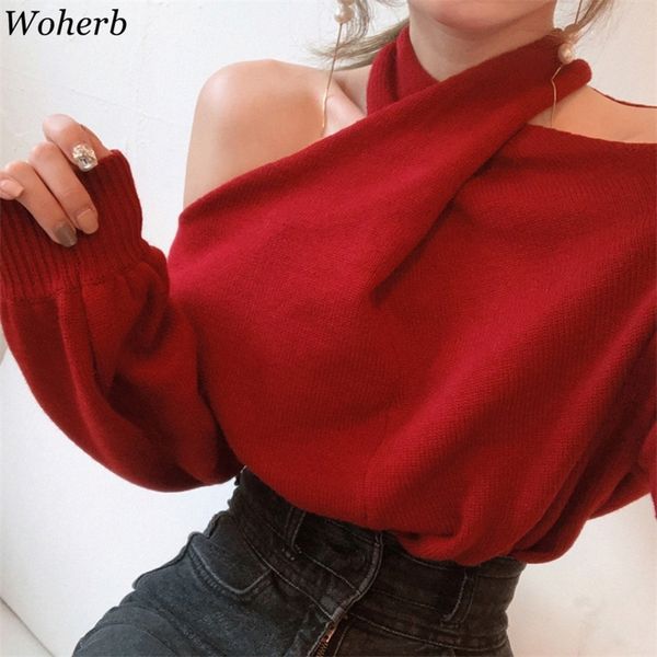 

woherb fall women chic pullovers lady off shoulder halter knit sweater looser lantern sleeve weater female jumper 201223, White;black