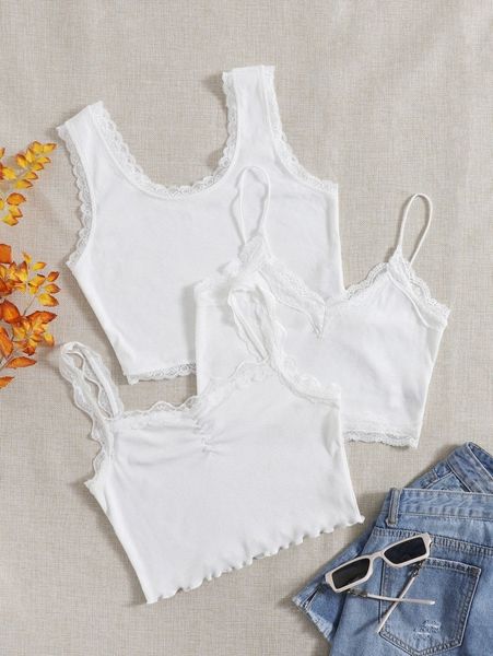 

3pcs lace detail lettuce trim cami & tank i0l0#, White