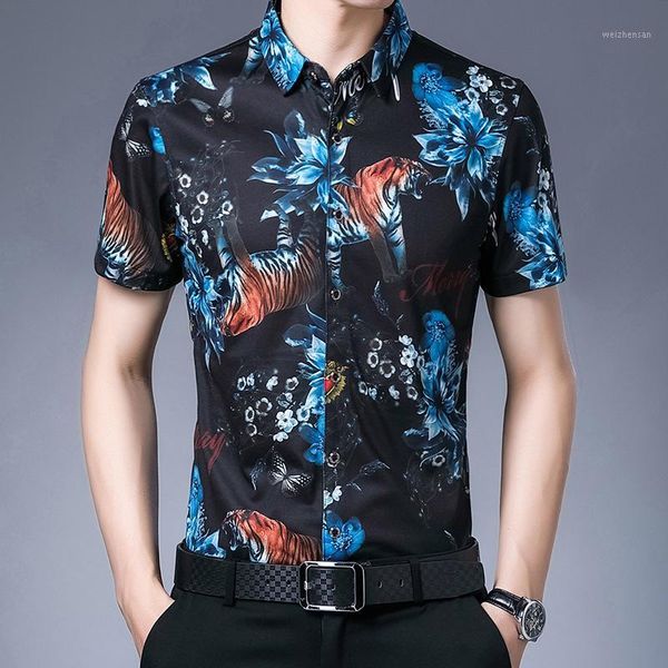 

blue flower tiger pattern print fashion trend short sleeve shirt summer new quality soft comfortable smooth cool men shirt -3xl1, White;black