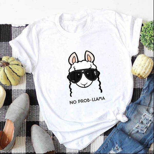 

2021 summer tshirt women cute sheep no prob llama cartoon head print short sleeve casual ladies korean, White