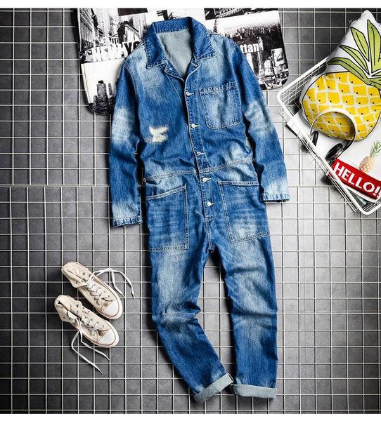 

men's long-sleeved jumpsuit patchwork jeans youth hip-hop loose overalls1, Blue