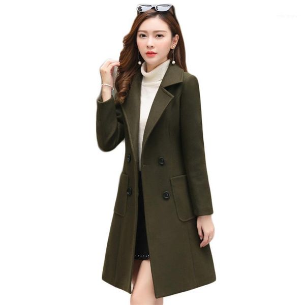 

woolen coat women army green m-4xl plus size lapel 2021 spring new fashion korean temperament slim long blends jackets cx13881, Black