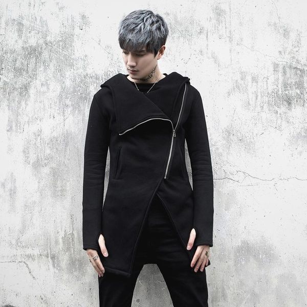 

men winter slim fit hip hop long trench coat nightclub stage costume mens irregular punk zipper cloak hooded jacket overcoat1, Tan;black