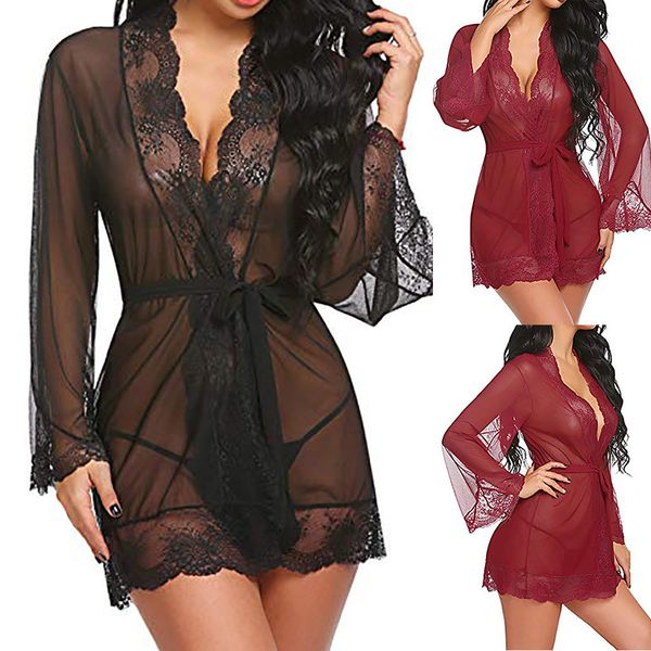 

2021 new arrivals womens lace nightgowns v neck gauze perspective sleepshirts sleepwear plus size lingerie, Black;red
