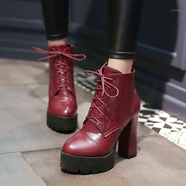 

boots pxelena women square chunky block high heels ankle punk rock gothic lace up platform motorcycle female shoes1, Black