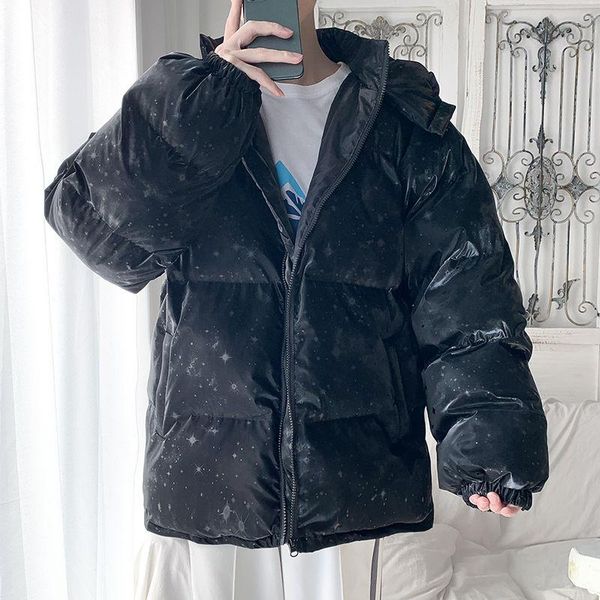 

winter thicken bright color jacket men's warm fashion printing casual hooded coat parka men loose korean short coat mens clothes, Black