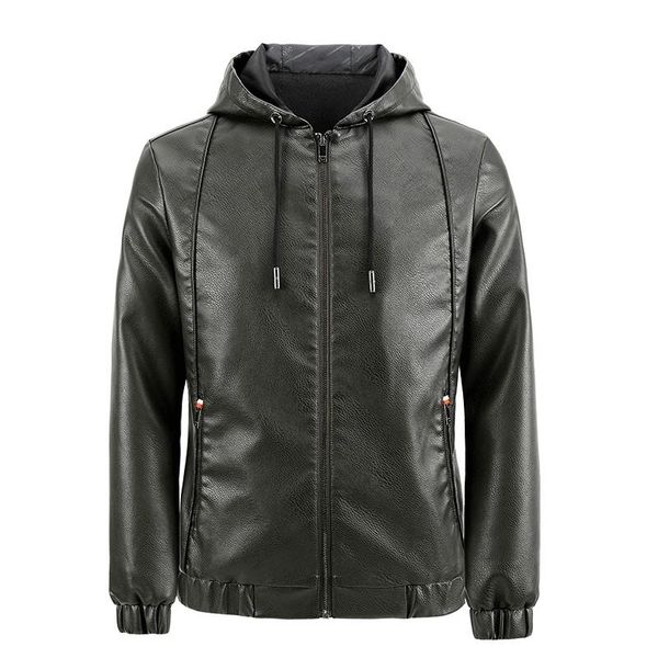 

men's fur & faux men motor leather jacket autumn winter fashion biker slim fit hooded coat male casual clothing, Black
