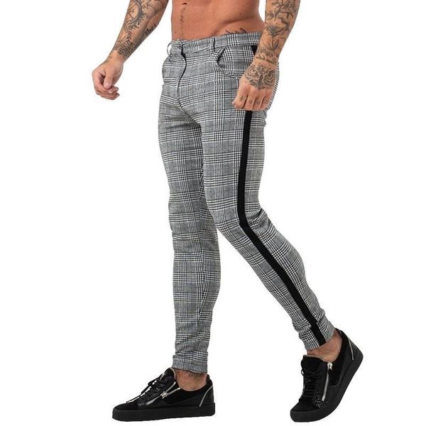 

casual mens cotton slim fit trousers hip pants men fashion sweatpants streetwear grey plaid side stripe men pants, Black