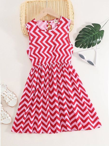 

girls chevron print keyhole back dress she, Red;yellow