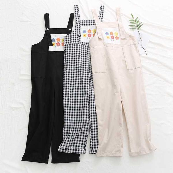 

cute flowers women's suspender straps jumpsuit straight trousers overall shorts kawaii fresh girl pants big pockets1, Black;white