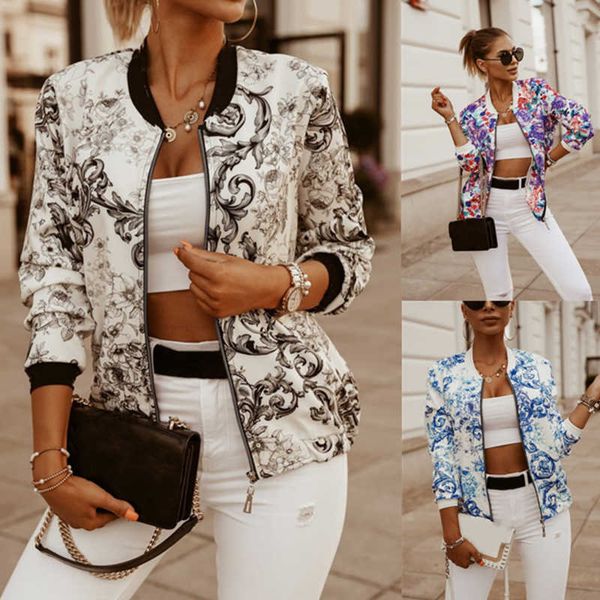 

fashion flower print long sleeve women's bomber jacket zipper up vintage coat elegant slim basic ladies jackets, Black;brown