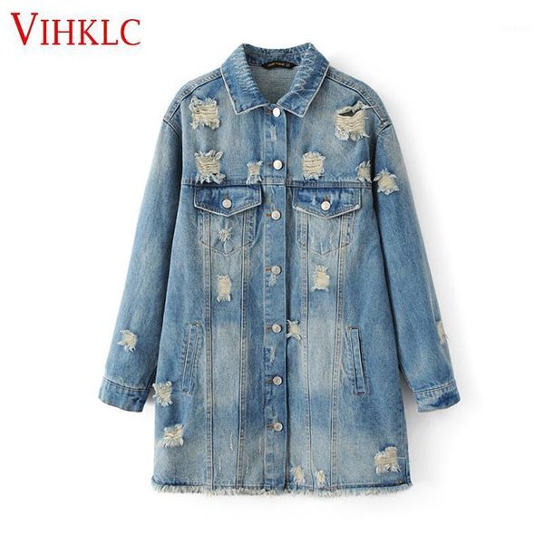 

2020 new women's fashion long sleeve hole denim jacket, letter printing outerwear female casual loose denim coats c2611, Black;brown