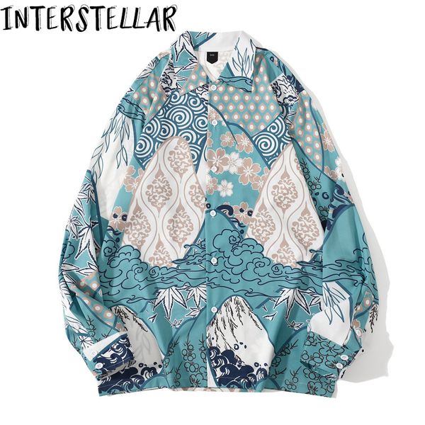 

holiday mountain peak patchwork print long sleeve shirts hip hop casual streetwear japanese style shirts men women fashion c1212, White;black