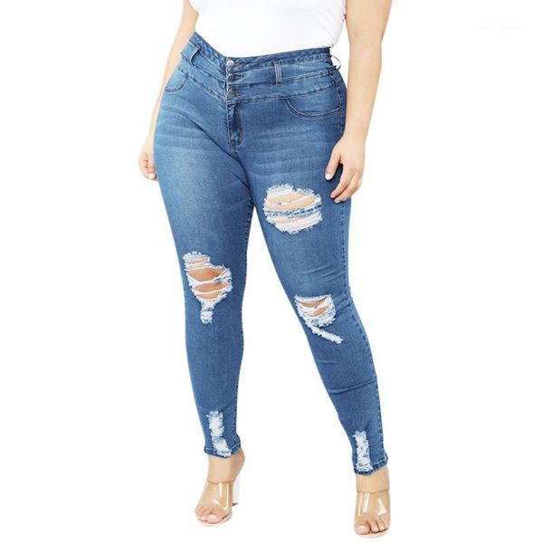 

fashion womens plus size pocket hole denim button zipper high waist pants jeans zipper skinny autumn winter pencil jeans1, Blue