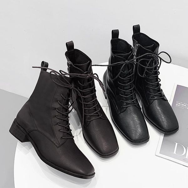 

autumn winter new lace-up motorcycle boots british square toe chunky heels short knight booties plush warm winter women botines1, Black