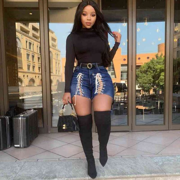 

women jeans shorts summer fashion high-waist denim knotted band mini short beach casual shorts club party, Blue