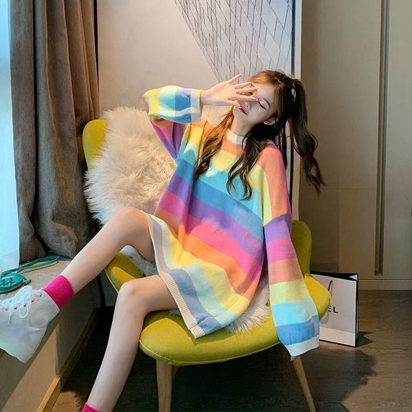 

rainbow colorful stripe print women casual sweaters autumn fashion turtleneck knitwear loose pullovers jumper pull femme 3s, White;black