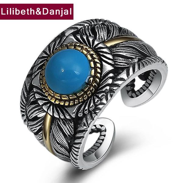 

cluster rings women men adjustable ring real 925 sterling silver inlaid turquoise feather opening jewelry anillos plata para mujer r9, Golden;silver