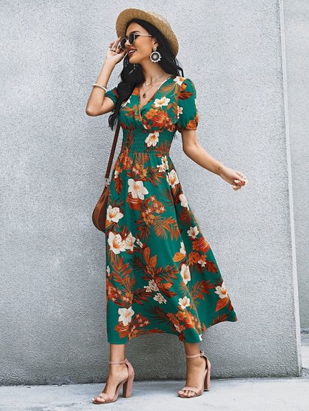 

allover floral shirred waist dress y8a5#, Black;gray