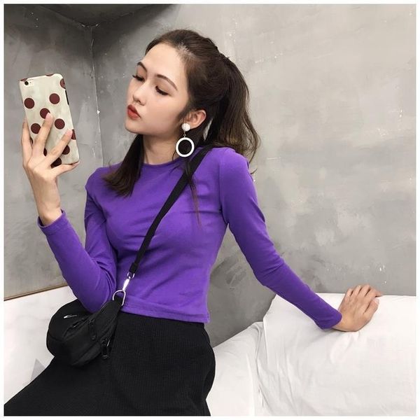 

new slim cotton long sleeve t-shirt for women's high waist short multicolor tight bottomed shirt with top, White