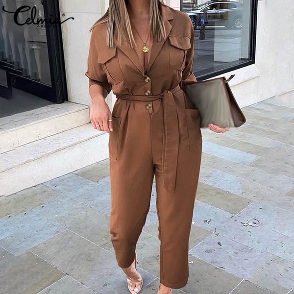 

elegant women suit collar long jumpsuits celmia fashion cargo pants casual long sleeve belted loose solid rompers overalls, Black;white