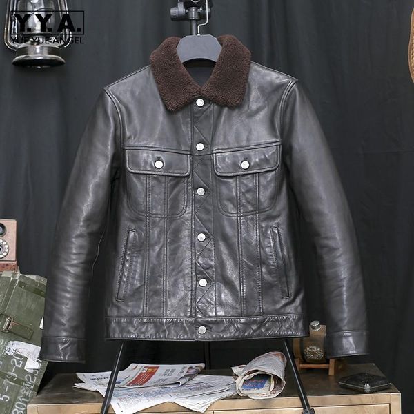 

men's leather & faux classic men lapel slim genuine jacket autumn short single breasted motorcycle coat luxury street full sleeve outer, Black