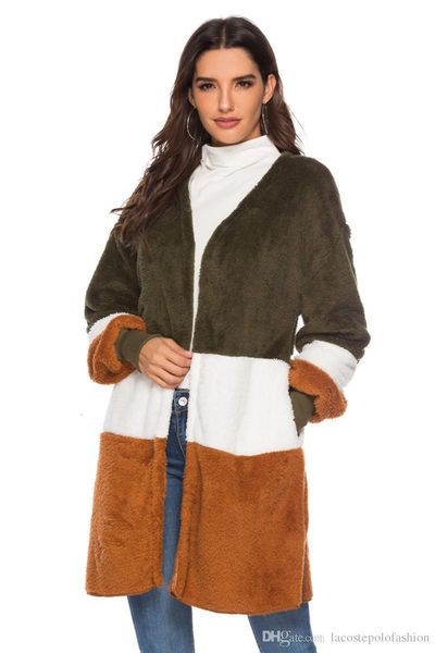 

fashion panelled womens faux fur rib cuff long sleeve spliced ladies coat donna casual wool cardigan, Black