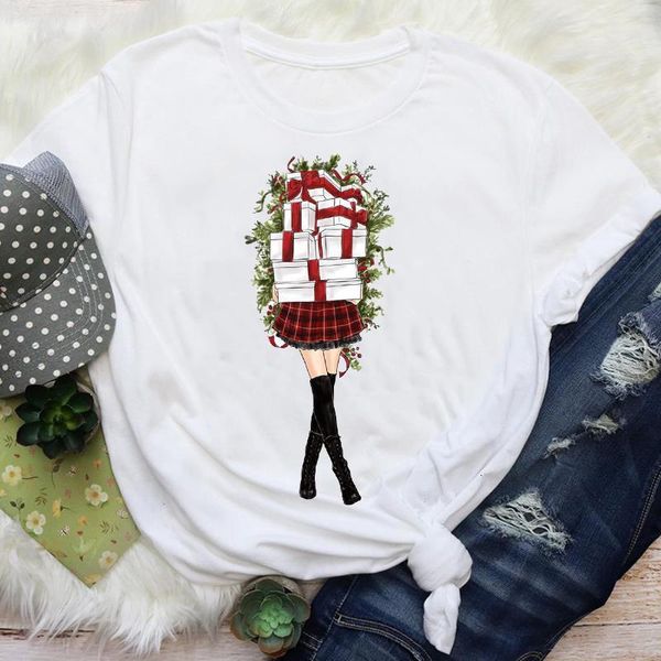 

women cartoon plaid girl gift new year 90s holiday merry christmas print lady female graphic tees clothes t shirt t-shirt, White