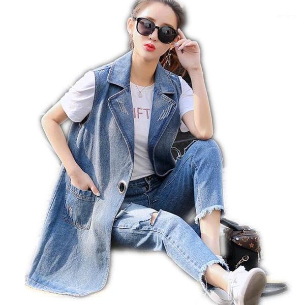 

plus size 3xl women open stitch denim vest 2020 spring autumn medium-long vest turn-down collar women fashion casual cq16741, Black;white
