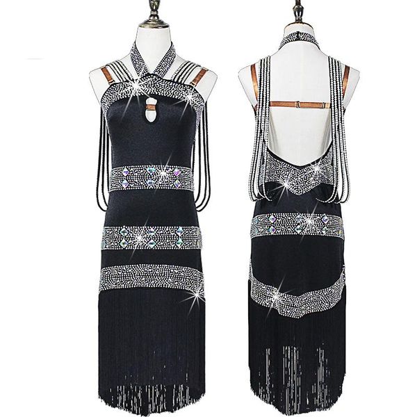 

stage wear ladies dance dress fringe rhinestones latin salsa performance costume for women tassel ballroom dqs1702, Black;red