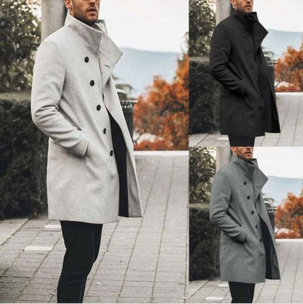 

new men's fashion slim middle long stand collar woolen windbreaker coat, Tan;black