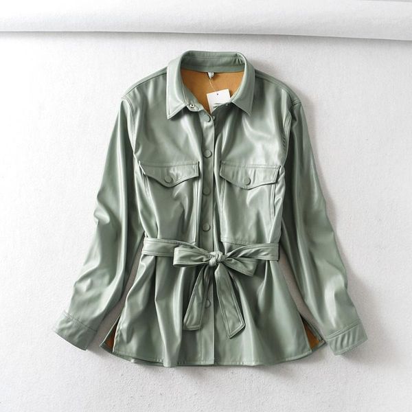 

autumn winter temperament business blouses women fashion pu leather jacket women elegant long sleeve with belt female ladie1, White