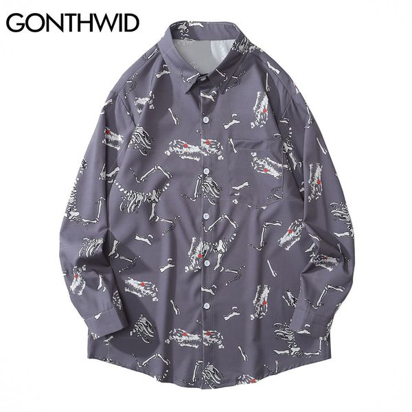 

gonthwid hawaiian shirts skull dinosaur print beach party long sleeve button shirt harajuku hip hop casual holiday blouse c1212, White;black