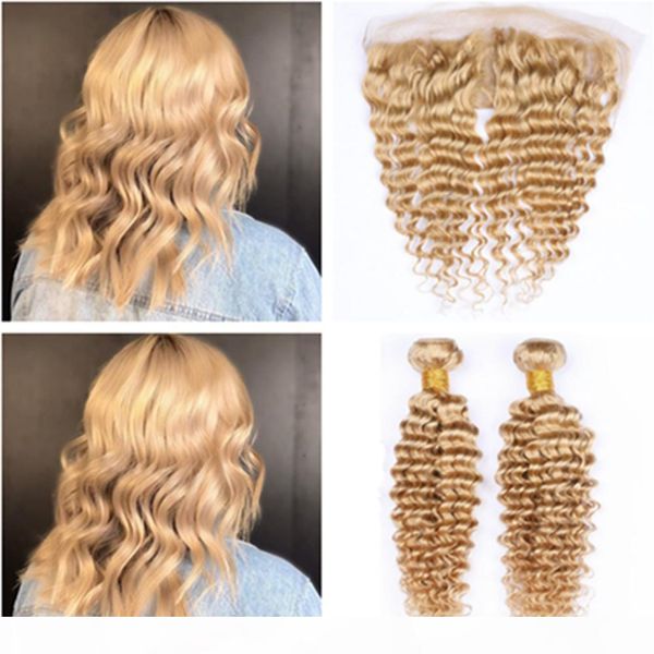

peruvian human hair honey blonde 2bundles deep wave with frontal closure #27 light brown deep wavy 13x4 lace frontal middle part with weaves, Black;brown